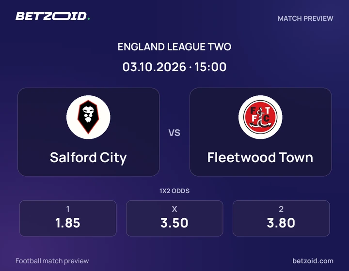 Salford City vs Fleetwood Town: England League Two match preview with team badges and kick-off details.