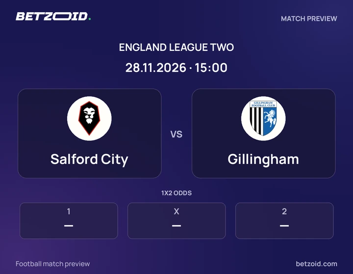 Salford City vs Gillingham: England League Two match preview with team badges and kick-off details.