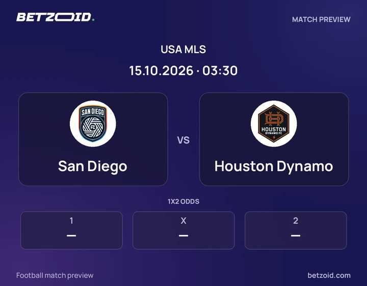 San Diego vs Houston Dynamo: USA MLS match preview with team badges and kick-off details.