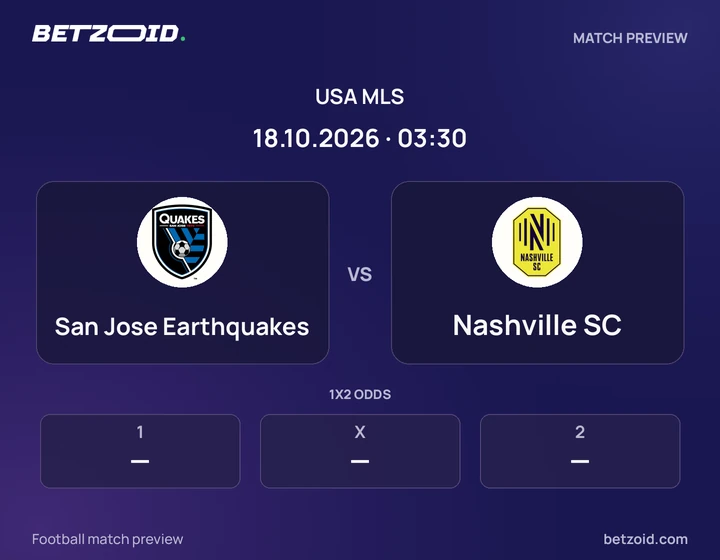 San Jose Earthquakes vs Nashville SC: USA MLS match preview with team badges and kick-off details.