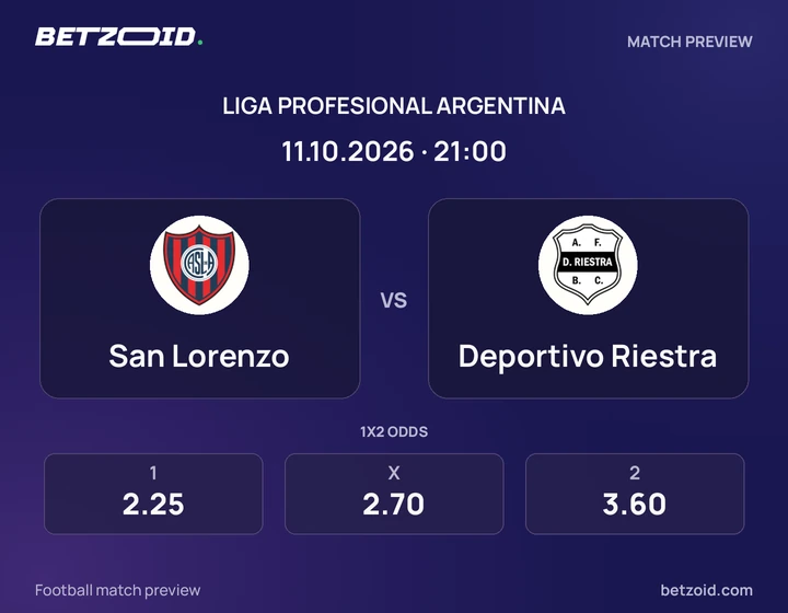 San Lorenzo vs Deportivo Riestra: Liga Profesional Argentina match preview with team badges and kick-off details.