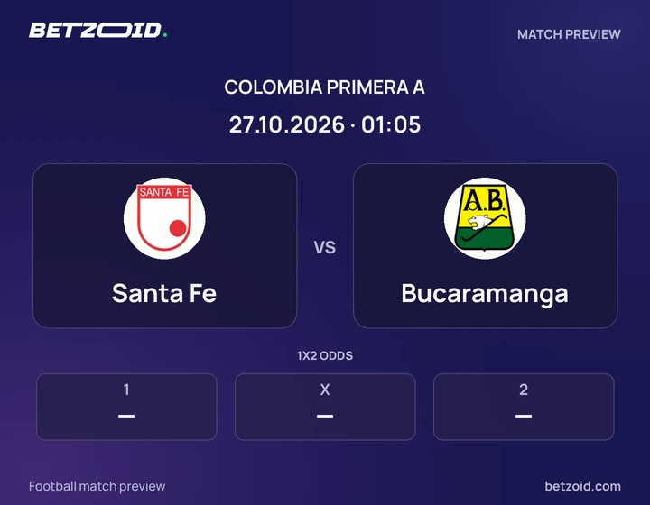 Santa Fe - Bucaramanga Santa Fe vs Bucaramanga: Colombia Primera A match preview with team badges and kick-off details.