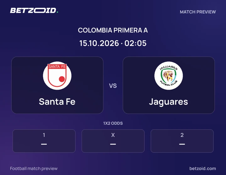Santa Fe - Jaguares Santa Fe vs Jaguares: Colombia Primera A match preview with team badges and kick-off details.