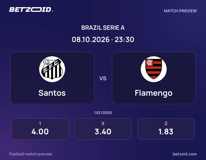 Santos vs Flamengo: Brazil Serie A match preview with team badges and kick-off details.