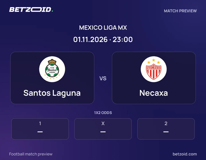 Santos Laguna vs Necaxa: Mexico Liga MX match preview with team badges and kick-off details.