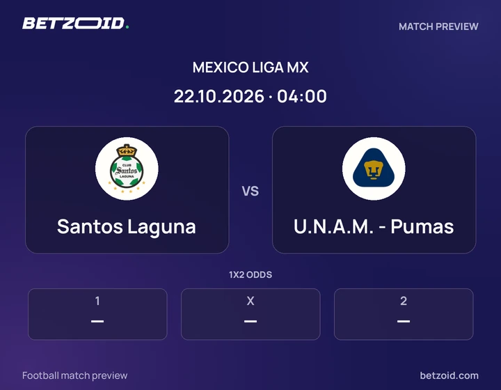 Santos Laguna vs U.N.A.M. - Pumas: Mexico Liga MX match preview with team badges and kick-off details.