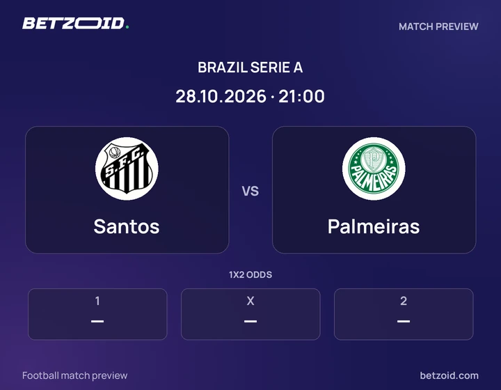 Santos vs Palmeiras: Brazil Serie A match preview with team badges and kick-off details.