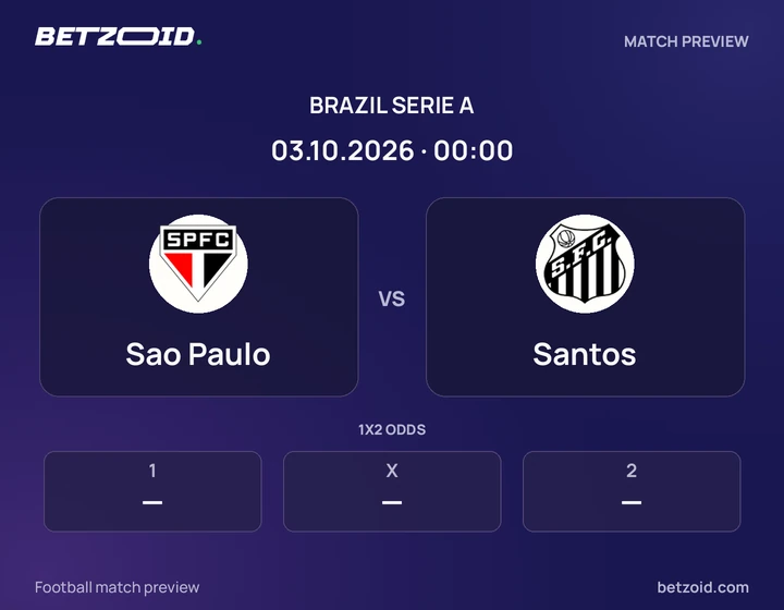 Sao Paulo vs Santos: Brazil Serie A match preview with team badges and kick-off details.