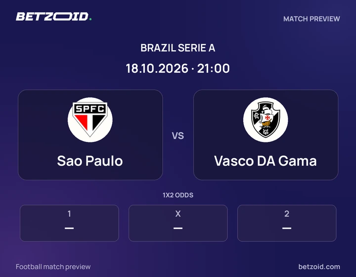 Sao Paulo vs Vasco DA Gama: Brazil Serie A match preview with team badges and kick-off details.