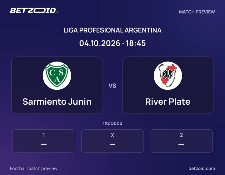 Sarmiento Junin vs River Plate: Liga Profesional Argentina match preview with team badges and kick-off details.