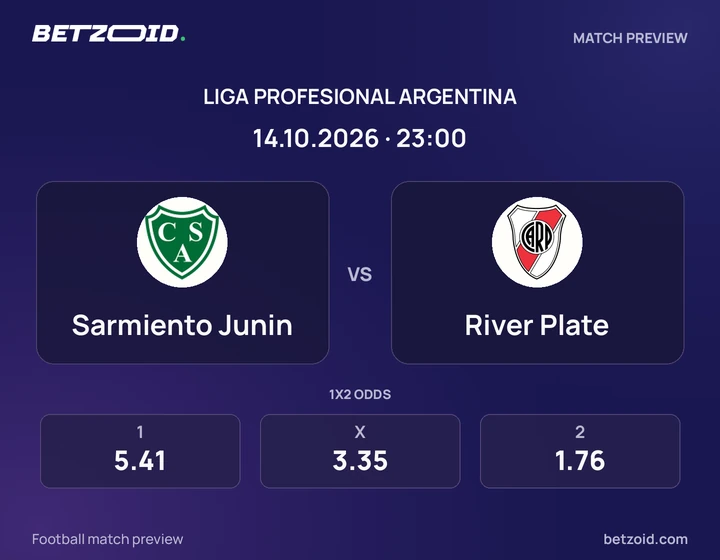 Sarmiento Junin vs River Plate: Liga Profesional Argentina match preview with team badges and kick-off details.