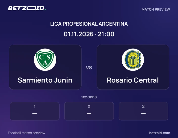 Sarmiento Junin vs Rosario Central: Liga Profesional Argentina match preview with team badges and kick-off details.