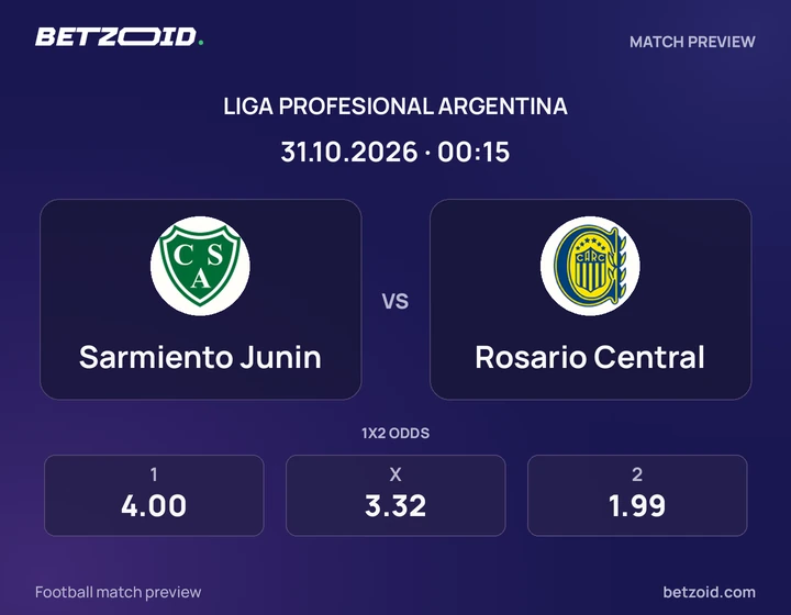 Sarmiento Junin - Rosario Central Sarmiento Junin vs Rosario Central: Liga Profesional Argentina match preview with team badges and kick-off details.