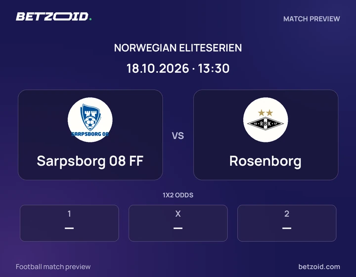 Sarpsborg 08 FF vs Rosenborg: Norwegian Eliteserien match preview with team badges and kick-off details.