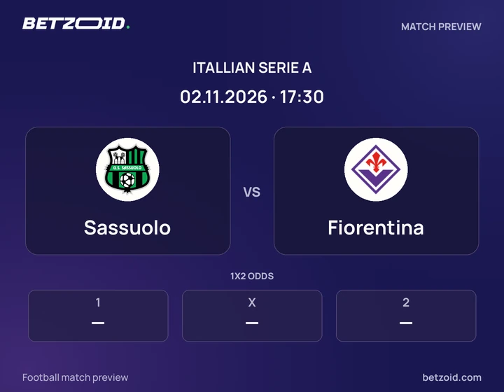 Sassuolo vs Fiorentina: Itallian Serie A match preview with team badges and kick-off details.