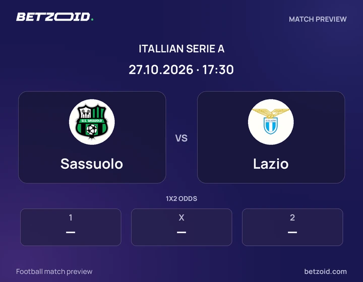 Sassuolo vs Lazio: Itallian Serie A match preview with team badges and kick-off details.