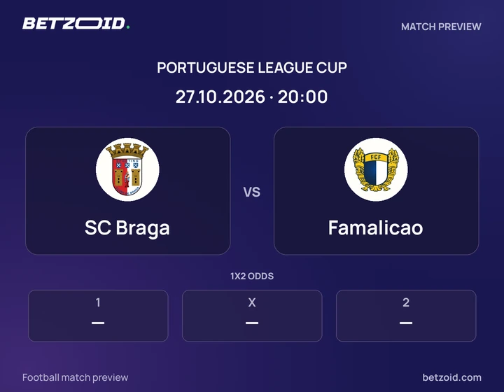 SC Braga vs Famalicao: Portuguese League Cup match preview with team badges and kick-off details.
