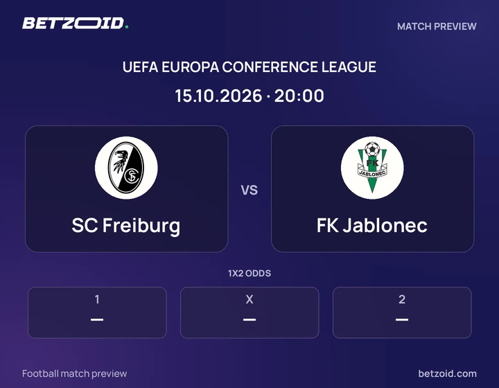 SC Freiburg vs FK Jablonec: UEFA Europa Conference League match preview with team badges and kick-off details.