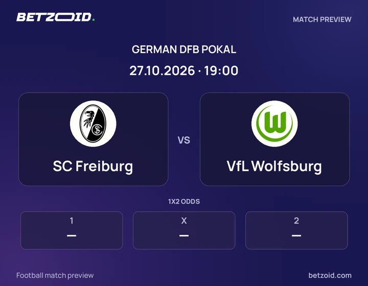 SC Freiburg vs VfL Wolfsburg: German DFB Pokal match preview with team badges and kick-off details.