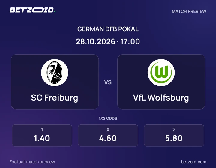 SC Freiburg – VfL Wolfsburg SC Freiburg – VfL Wolfsburg: Spielvorschau zum Wettbewerb DFB-Pokal mit Teamlogos und Anstoßzeit.