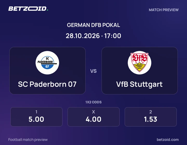 SC Paderborn 07 – VfB Stuttgart SC Paderborn 07 – VfB Stuttgart: Spielvorschau zum Wettbewerb DFB-Pokal mit Teamlogos und Anstoßzeit.