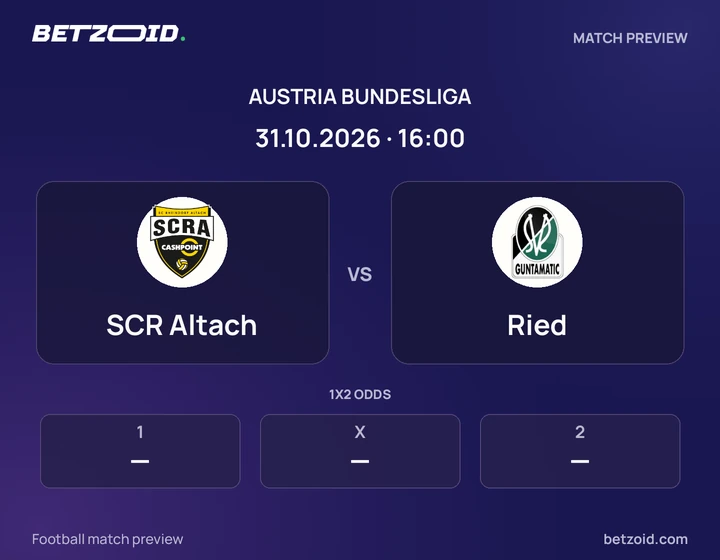 SCR Altach vs Ried: Austria Bundesliga match preview with team badges and kick-off details.