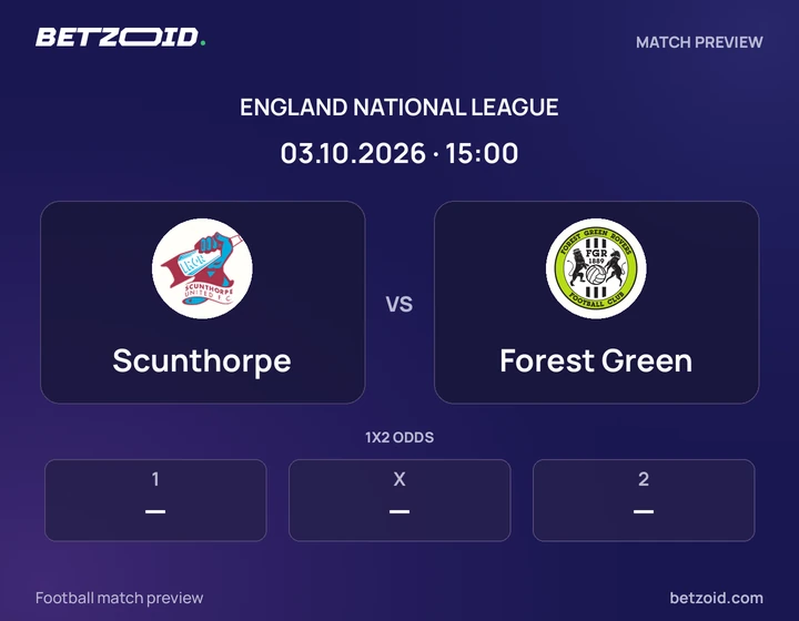 Scunthorpe vs Forest Green: England National League match preview with team badges and kick-off details.