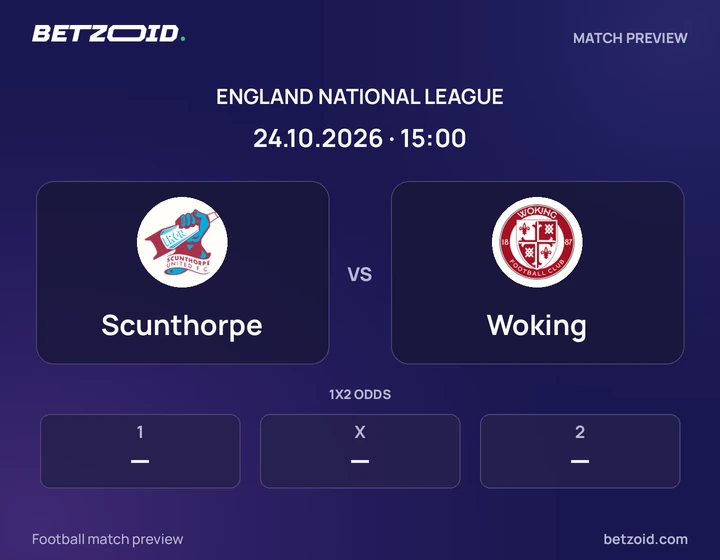 Scunthorpe vs Woking: England National League match preview with team badges and kick-off details.
