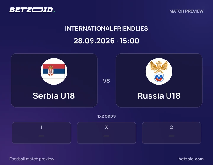Serbia U18 vs Russia U18: International Friendlies match preview with team badges and kick-off details.