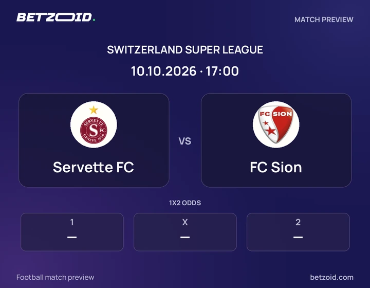 Servette FC vs FC Sion: Switzerland Super League match preview with team badges and kick-off details.
