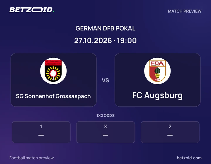 SG Sonnenhof Grossaspach vs FC Augsburg: German DFB Pokal match preview with team badges and kick-off details.