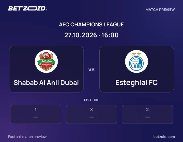 Shabab Al Ahli Dubai vs Esteghlal FC: AFC Champions League match preview with team badges and kick-off details.