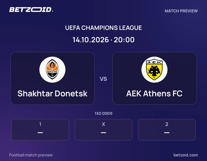 Shakhtar Donetsk vs AEK Athens FC: UEFA Champions League match preview with team badges and kick-off details.