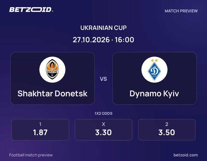 Shakhtar Donetsk - Dynamo Kyiv Shakhtar Donetsk vs Dynamo Kyiv: Ukrainian Cup match preview with team badges and kick-off details.
