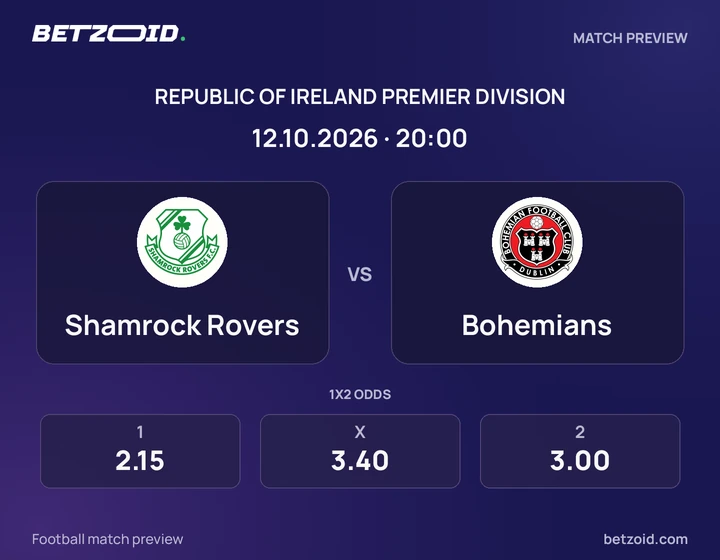 Shamrock Rovers vs Bohemians: Republic of Ireland Premier Division match preview with team badges and kick-off details.