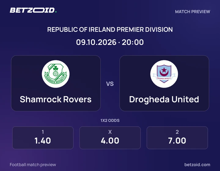 Shamrock Rovers vs Drogheda United: Republic of Ireland Premier Division match preview with team badges and kick-off details.