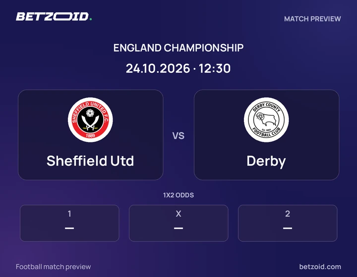 Sheffield Utd vs Derby: England Championship match preview with team badges and kick-off details.