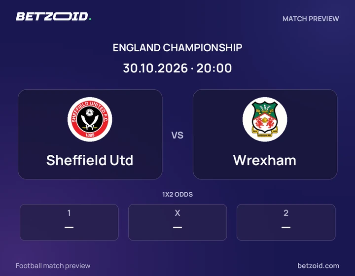 Sheffield Utd vs Wrexham: England Championship match preview with team badges and kick-off details.