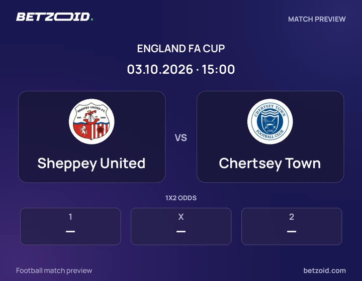 Sheppey United vs Chertsey Town: England FA Cup match preview with team badges and kick-off details.