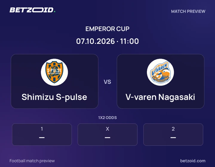 Shimizu S-pulse - V-varen Nagasaki Shimizu S-pulse vs V-varen Nagasaki: Emperor Cup match preview with team badges and kick-off details.