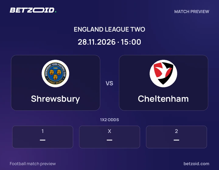 Shrewsbury - Cheltenham Shrewsbury vs Cheltenham: England League Two match preview with team badges and kick-off details.