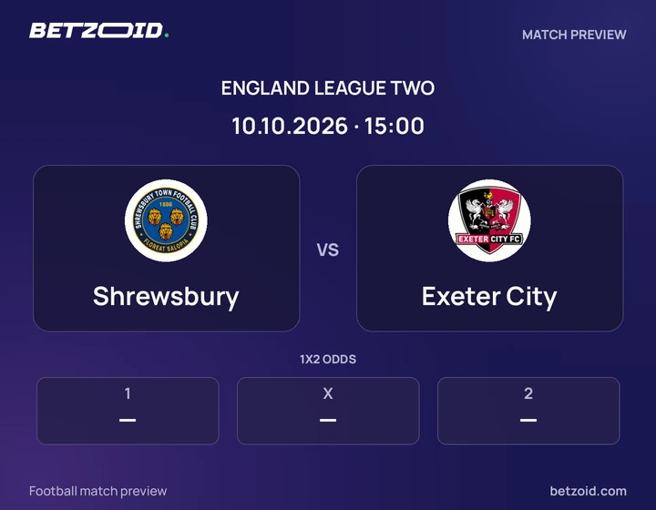 Shrewsbury vs Exeter City: England League Two match preview with team badges and kick-off details.