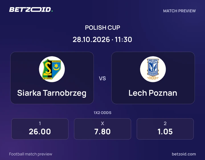 Siarka Tarnobrzeg – Lech Poznań: grafika meczu w rozgrywkach Puchar Polski.