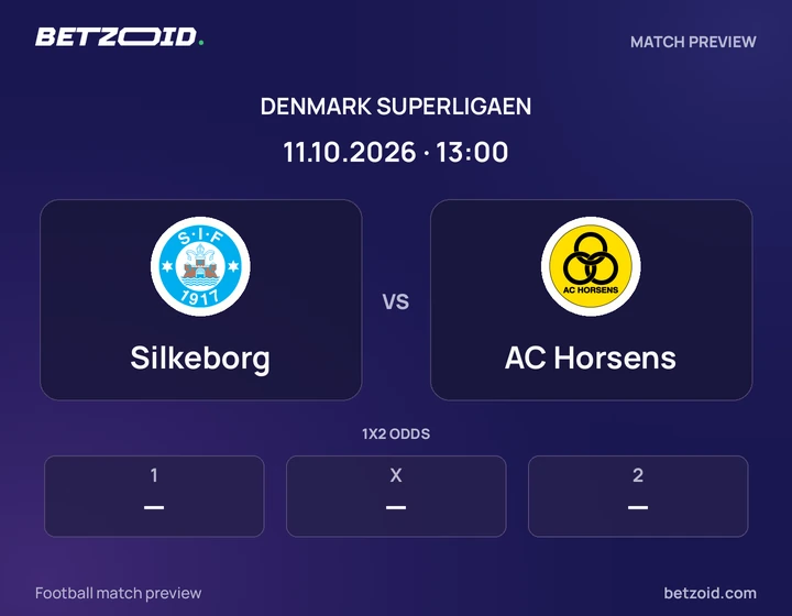 Silkeborg vs AC Horsens: Denmark Superligaen match preview with team badges and kick-off details.