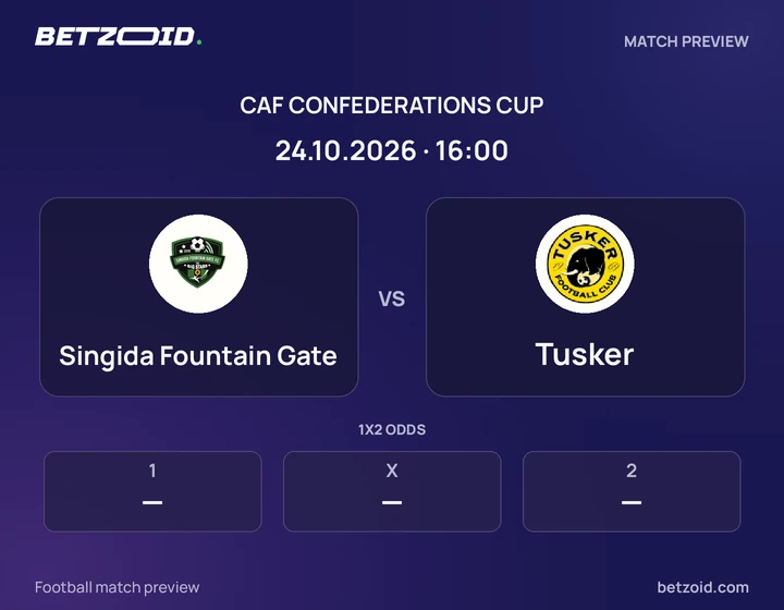 Singida Fountain Gate vs Tusker: CAF Confederations Cup match preview with team badges and kick-off details.