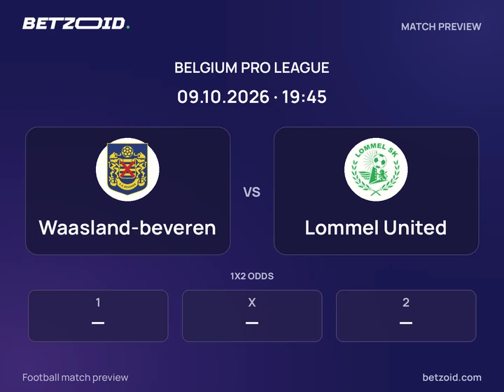 Waasland-beveren vs Lommel United: Belgium Pro League match preview with team badges and kick-off details.
