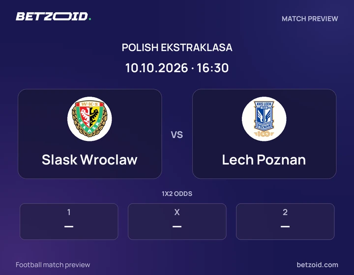 Slask Wroclaw vs Lech Poznan: Polish Ekstraklasa match preview with team badges and kick-off details.
