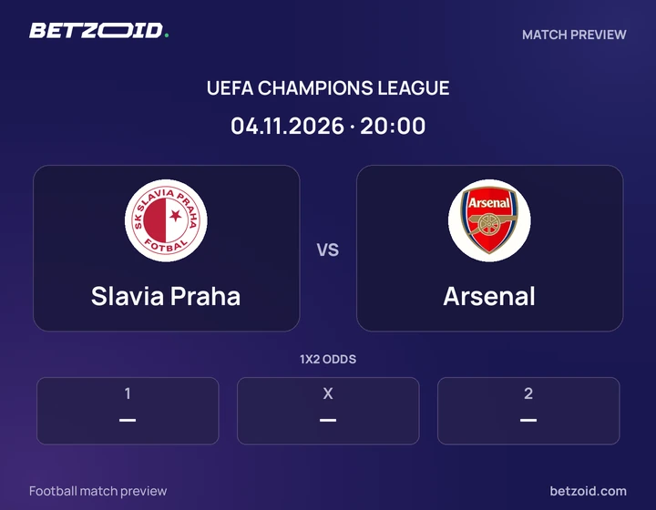 Slavia Praha vs Arsenal: UEFA Champions League match preview with team badges and kick-off details.