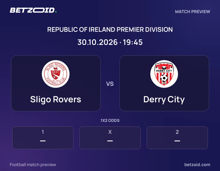 Sligo Rovers vs Derry City: Republic of Ireland Premier Division match preview with team badges and kick-off details.