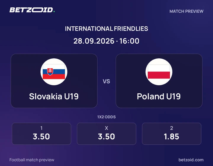 Slovakia U19 vs Poland U19: International Friendlies match preview with team badges and kick-off details.